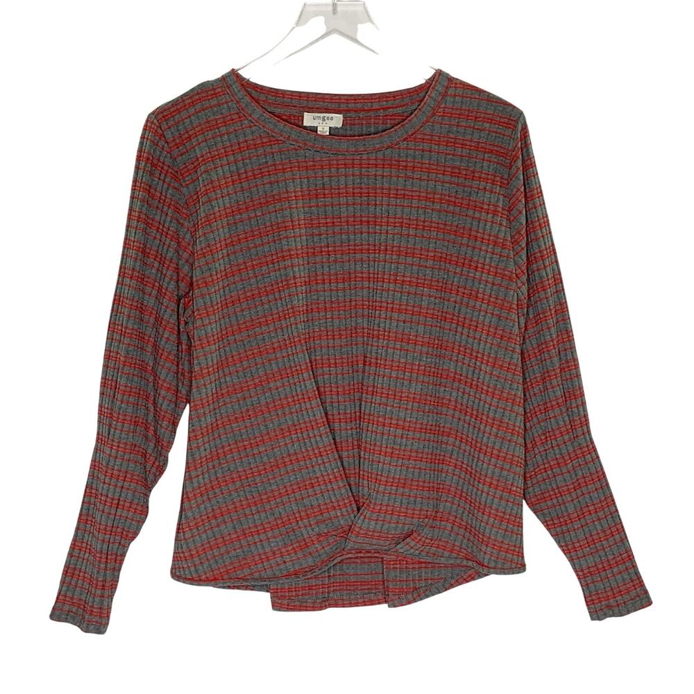 Umgee Striped Gathered Blouse Top S Twist Front Gray Red Thermal Long Sleeve